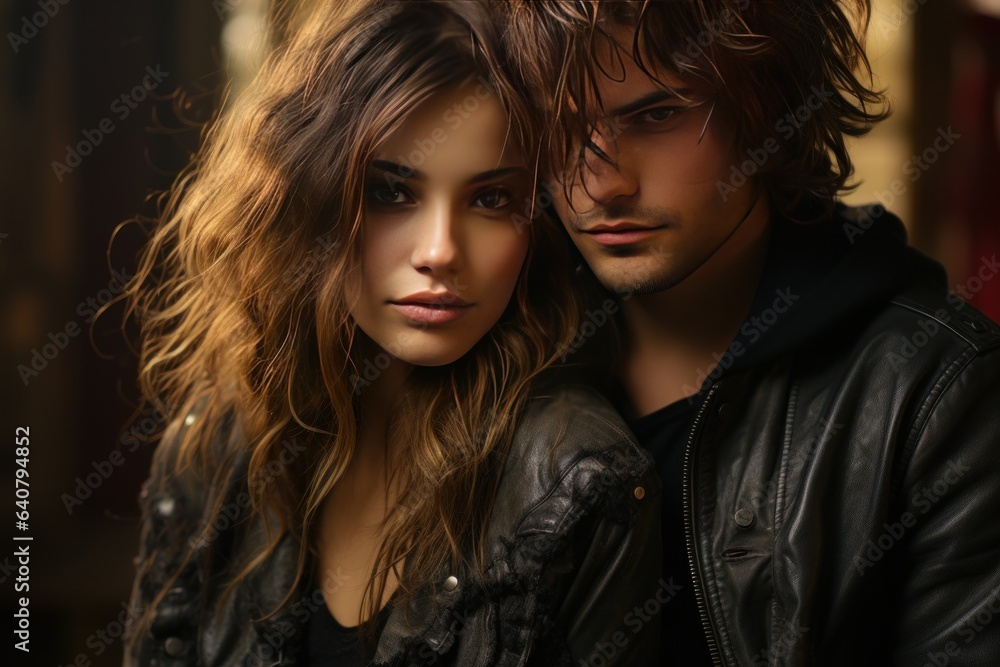In a moody atmosphere, a stylish couple dons leather jackets, embracing their intimate and edgy look. Their tousled hair complements their fashionable urban fashion style, creating a captivating close In a moody atmosphere, a stylish couple dons leather jackets, embracing their intimate and edgy look. Their tousled hair complements their fashionable urban fashion style, creating a captivating close