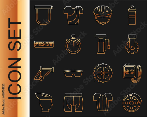 Set line Bicycle brake disc, Stopwatch, Derailleur bicycle rear, helmet, Ribbon in finishing line, lock and air pump icon. Vector