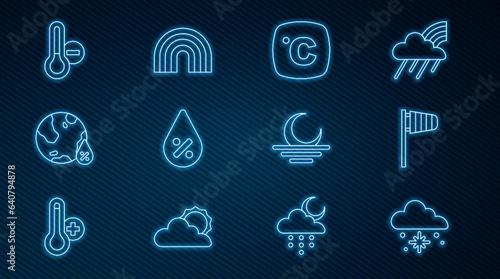 Set line Cloud with snow, Cone windsock wind vane, Celsius, Water drop percentage, Meteorology thermometer, Sunset and Rainbow icon. Vector