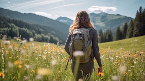 Female hiker, full body, view from behind, walking through a meadow with wildfolwers