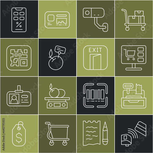 Set line POS terminal with credit card, Shopping cart on computer, Security camera, Supermarket food products price label, QR code, Percent discount and mobile and Fire exit icon. Vector