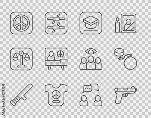 Set line Police rubber baton, Pistol or gun, Graduation cap, Peace, Speech bubble chat and Ball chain icon. Vector