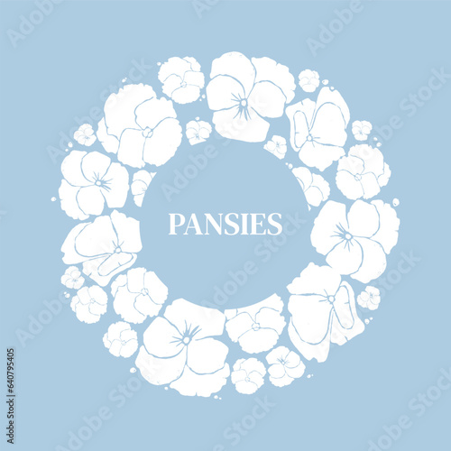 Floral wreath vector illustration. Pastel shades. Pansies, garden flowers. In a flat style. For the design of posters, covers, textiles, postcards