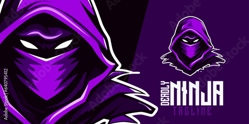 Purple Ninja Striker Artwork: Logo, Mascot, Illustration, Vector Graphic for Sport and E-Sport Gaming Teams, Deadly Ninja Mascot head
