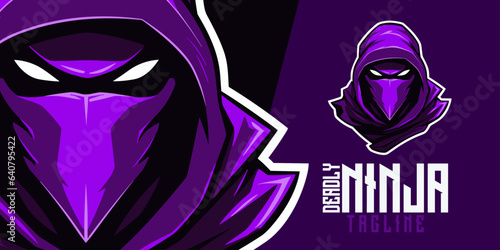 Purple Ninja Assassin Mascot: Logo, Mascot, Illustration, Vector Graphic for Sport and E-Sport Gaming Teams, Deadly Ninja Mascot head
