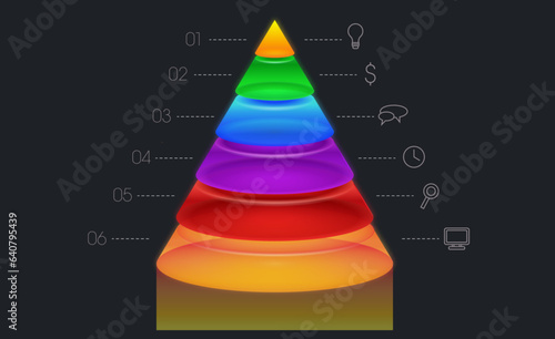 Infographic vector pyramid with 6 colorful glossy segments, and removable text and symbols. Good for business presentations