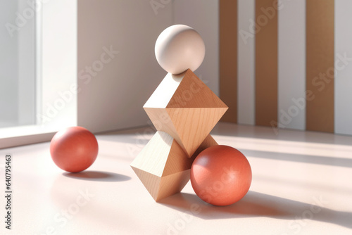 Geometric shapes in abstract form create a minimalist composition. Balance and equilibrium found in the interplay of circles, triangles. Wooden pedestal adding creative uniqueness to the scene