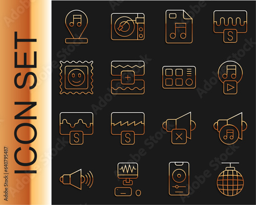 Set line Disco ball, Speaker volume, Play in square, MP3 file document, Music wave equalizer, LSD acid mark, note, tone and Drum machine icon. Vector