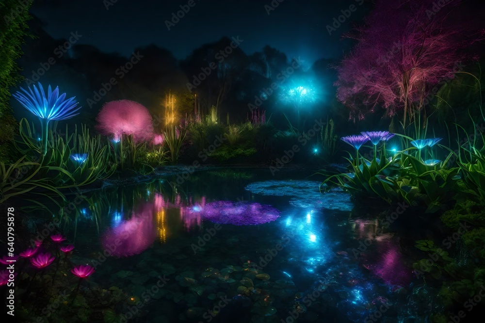 Fototapeta premium a magical garden realm with bioluminescent plants and surreal flora - AI Generative