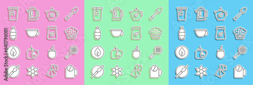 Set line Tea time, strainer with handle, Muffin, Teapot leaf, Cup of tea, Bottle water, bag and packaging icon. Vector