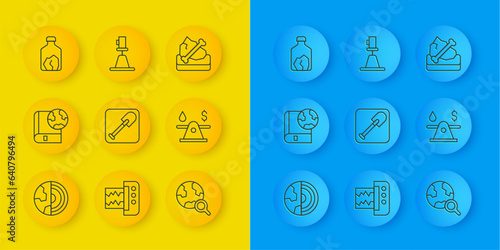 Set line Earth core structure crust, globe and book, Shovel, Magnifying glass with, Oil money, Ore mining, Archeology and Tacheometer, theodolite icon. Vector