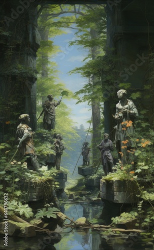 A painting of a group of sculptures in a garden
