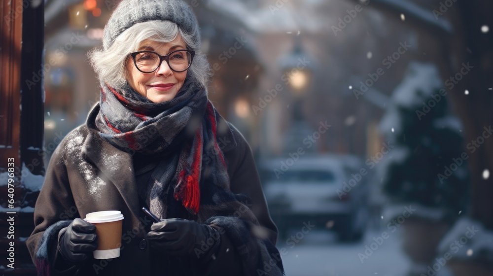 A woman in winter clothing holding a cup of coffee A woman in winter clothing holding a cup of coffee