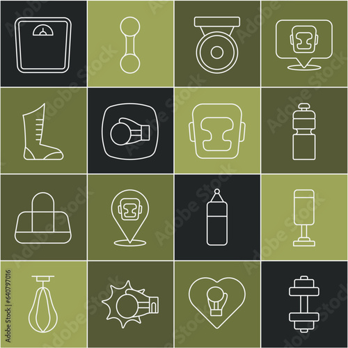 Set line Dumbbell, Punching bag, Fitness shaker, Boxing gong, glove, Sport boxing shoes, Bathroom scales and helmet icon. Vector