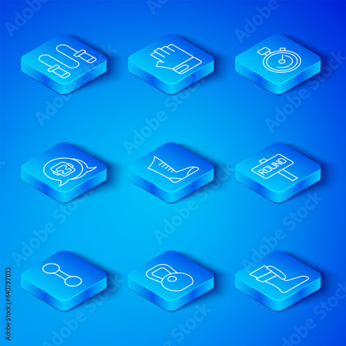 Set line Dumbbell, Sport boxing shoes, Weight, Boxing ring board, Stopwatch, helmet, Jump rope and icon. Vector