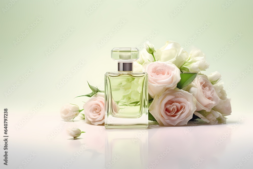 Bottle of perfume with roses on a white background, studio shot Bottle of perfume with roses on a white background, studio shot