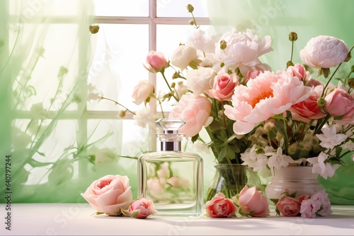 Bouquet of flowers and perfume bottle on the window background