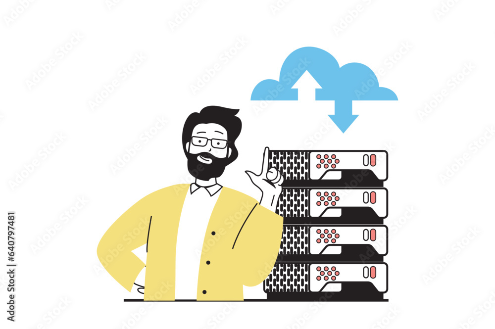 Cloud computing concept with people scene in flat web design. Man ...
