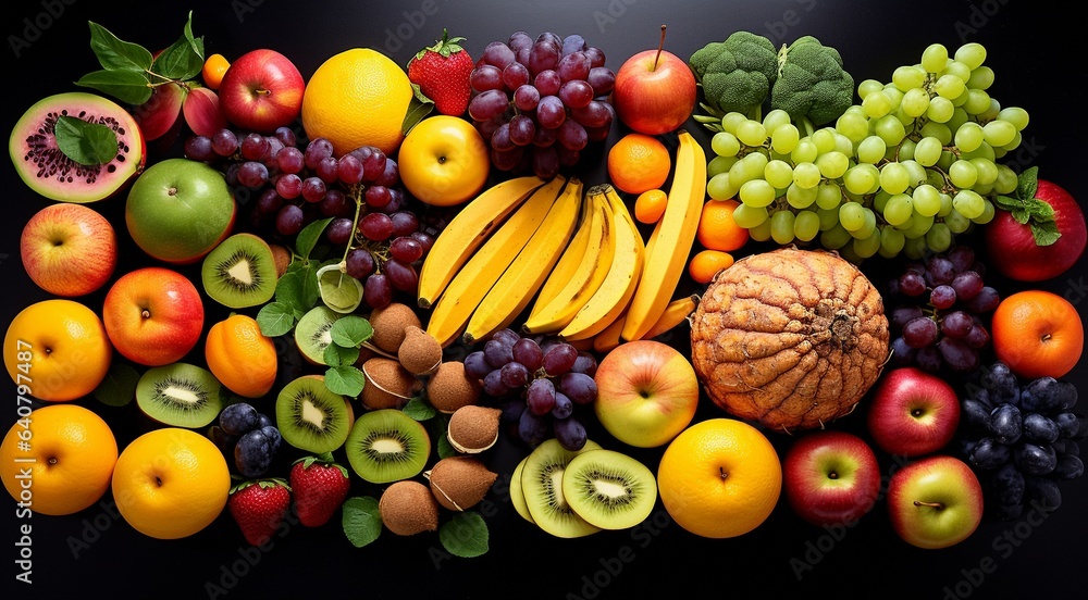 delicious colored fruits on colored background, wallpaper of fruits, sliced fruits on abstract background, fruits background