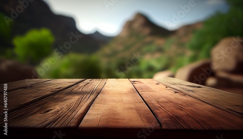 empty brown wooden table with a blurred background. Generative in ai