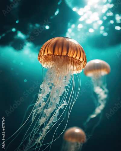Beautiful luminous jellyfish floating in the mysterious sea. Breathtaking underwater scene.  © Valeriy
