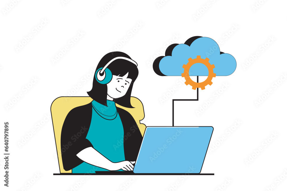 Cloud computing concept with people scene in flat web design. Woman making optimization and settings using backup files at laptop. Vector illustration for social media banner, marketing material. Cloud computing concept with people scene in flat web design. Woman making optimization and settings using backup files at laptop. Vector illustration for social media banner, marketing material.