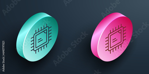 Isometric line Computer processor with microcircuits CPU icon isolated on black background. Chip or cpu with circuit board. Micro processor. Turquoise and pink circle button. Vector