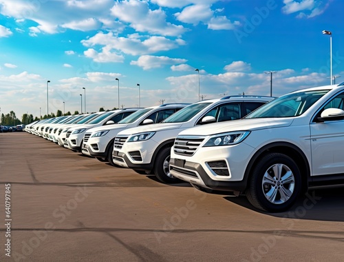 a vast stock lot filled with a variety of cars for sale, lined up in neat rows. This image captures the diversity and abundance of choices available at the car dealership.