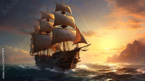  a painting of a sailing ship in the ocean at sunset. generative ai