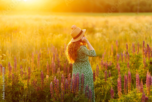 Beautiful woman in a straw hat and bright dress with a bouquet of purple lupins flowers. Smiling woman enjoys the weather and scenery while walking in the countryside.