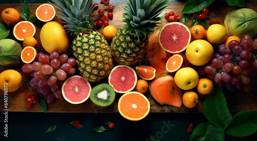 delicious colored fruits on colored background, wallpaper of fruits, sliced fruits on abstract background, fruits background