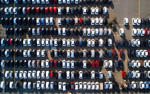 an aerial photo capturing the organized arrangement of brand-new cars lined up at the port, ready for import and export logistics. This scene highlights the efficiency. photo