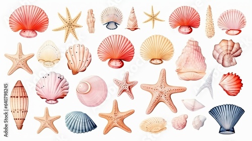 Photo of seashells and starfish on a white background