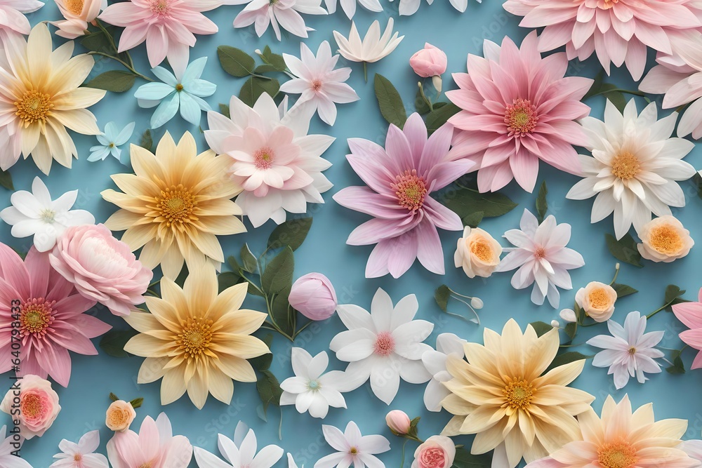 a seamless floral pattern inspired by a tranquil garden in full bloom, with a focus on pastel colors and delicate petals - AI Generative