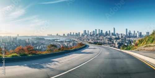 empty asphalt road panoramic perspective on a hill with city view background aerial photography, rounded, birds-eye-view, luminous shadows, low depth of field.