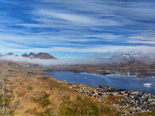 aerial view of arctic ocean in Taliisaq village of Greenland