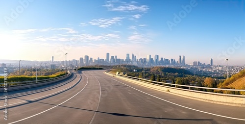 empty asphalt road panoramic perspective on a hill with city view background aerial photography  rounded  birds-eye-view  luminous shadows  low depth of field.