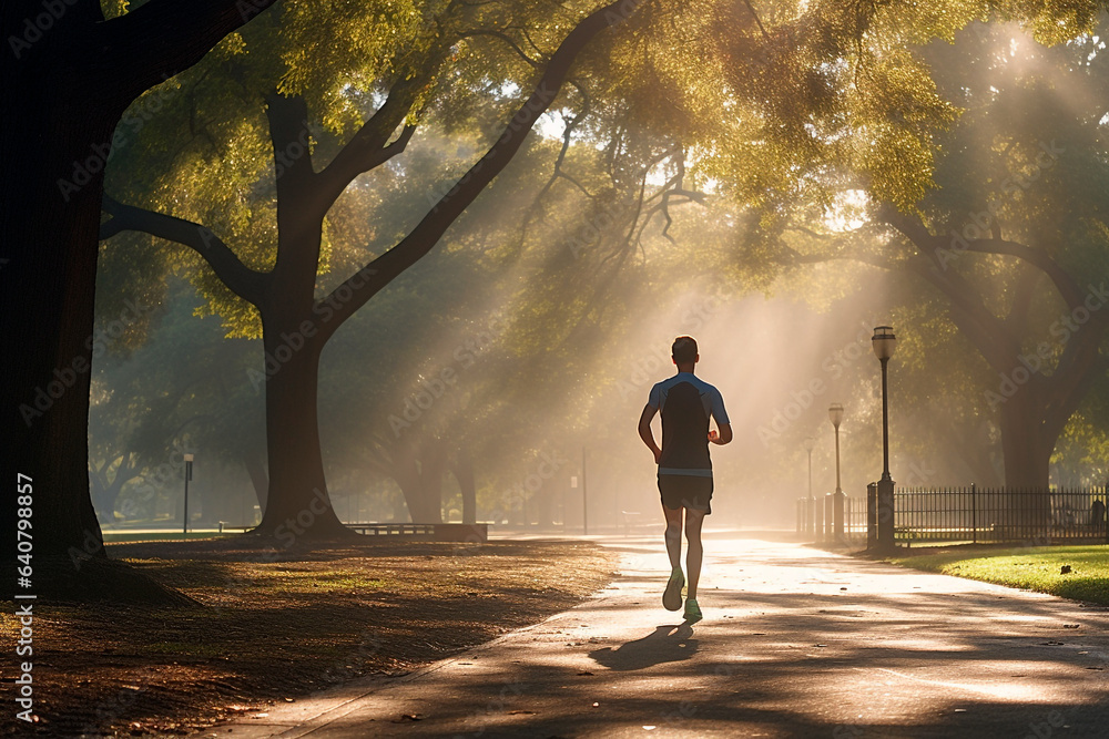 Sporty man running in the park at sunrise. fitness man jogging morning workout