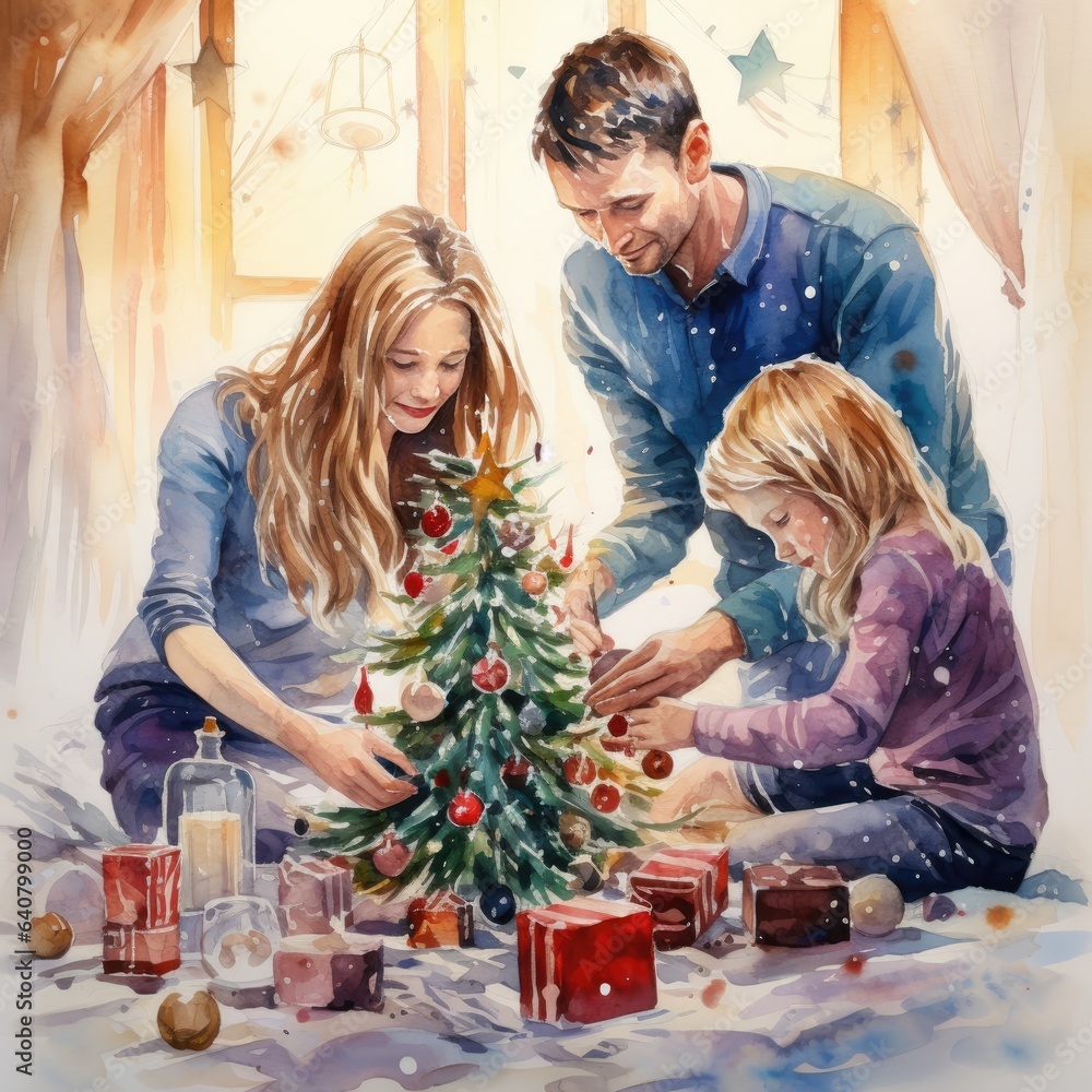 Mom, dad and daughter decorate the Christmas tree at home Mom, dad and daughter decorate the Christmas tree at home