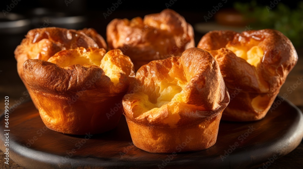 Photo of a delicious Yorkshire Puddings on a plate, ready to be enjoyed Photo of a delicious Yorkshire Puddings on a plate, ready to be enjoyed
