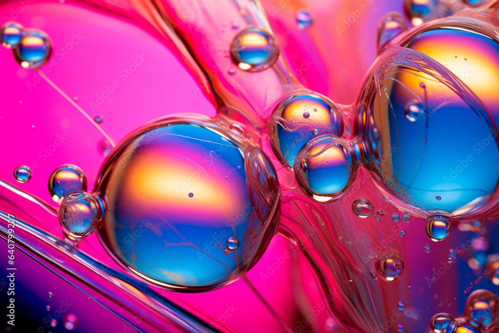 Fototapeta premium Oil bubbles background, abstract wallpaper of blue magenta gold liquid bubbling drops. Abstract molecules floating in pink fluid background