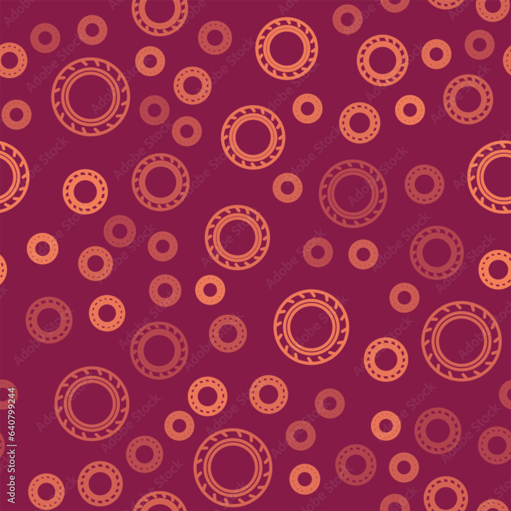 Brown line Car tire wheel icon isolated seamless pattern on red background. Vector Brown line Car tire wheel icon isolated seamless pattern on red background. Vector