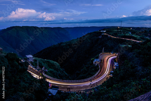 Canvas Print High angle view light tailed long exposure photography in Meghalaya, India