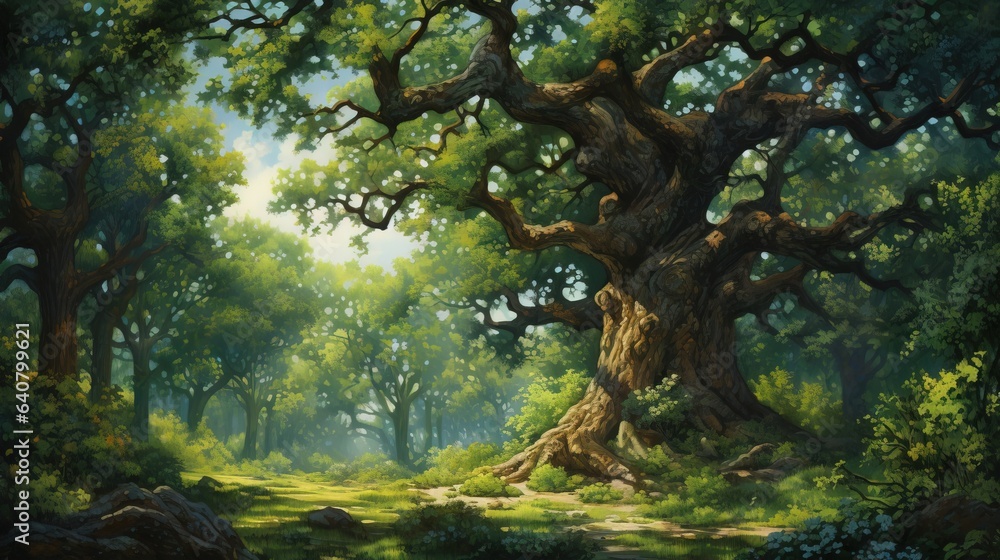 a painting of a tree in a green forest with rocks and grass. generative ai a painting of a tree in a green forest with rocks and grass. generative ai