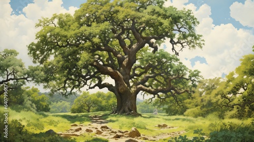  a painting of a large tree in the middle of a field.  generative ai