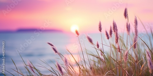 AI Generated. AI Generative. Pink and purple grass stem on lake sea water background. Soft pastel colors background. Graphic Art