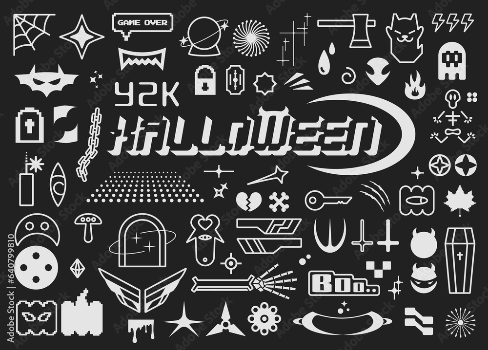 Big Halloween set of vector icons on black background. Y2K style poster. Big Halloween set of vector icons on black background. Y2K style poster.