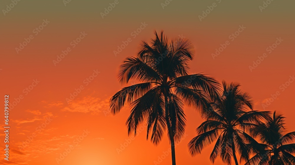  a couple of palm trees are silhouetted against a sunset.  generative ai