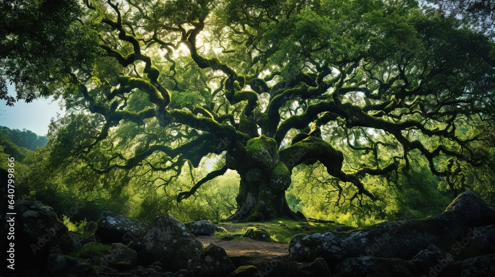 Fototapeta premium a painting of a large tree in the middle of a forest. generative ai