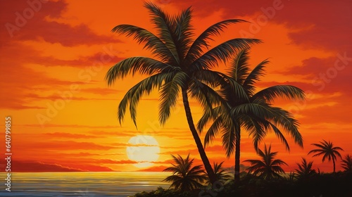  a painting of a sunset with palm trees and the ocean in the background. generative ai